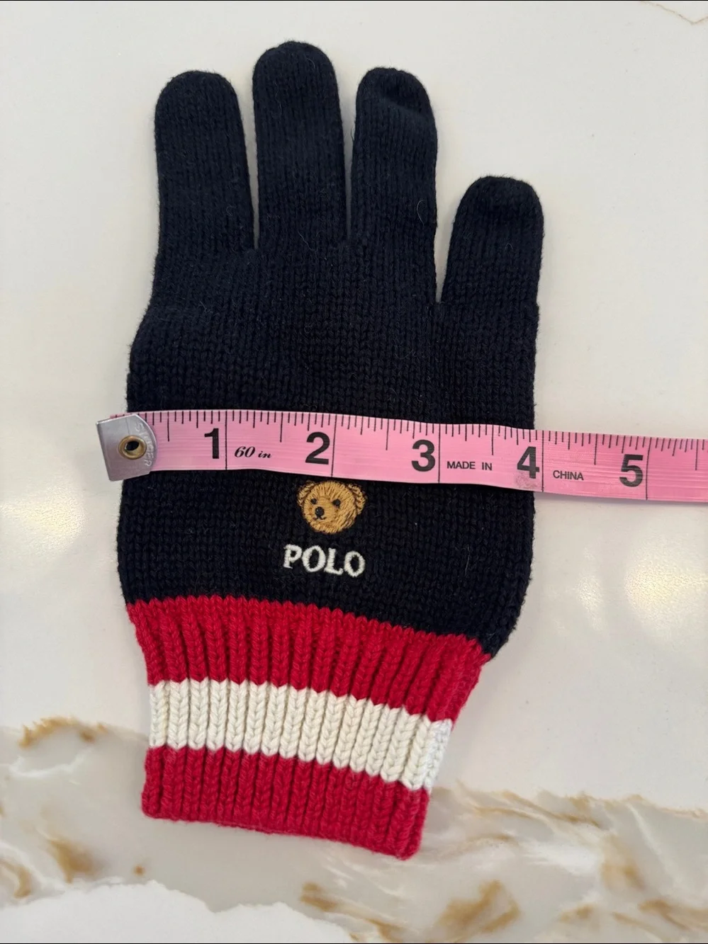 Polo by Ralph Lauren Black Knit Kids Gloves with Polo Bear and Stripe Cuff